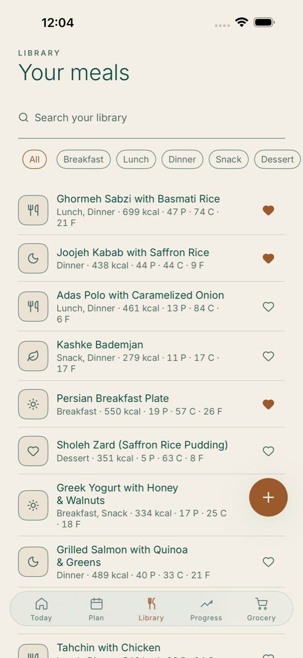 Tanin's Library: the meals you cook, each with its calories and macros.